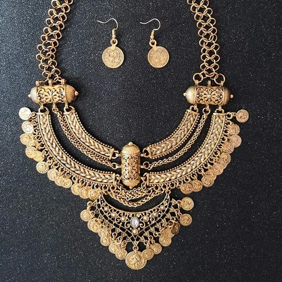 [GOLD] Exotic NEW Statement Bib Cleopatra Coin Necklace+Earring Set - Picture 3 of 8